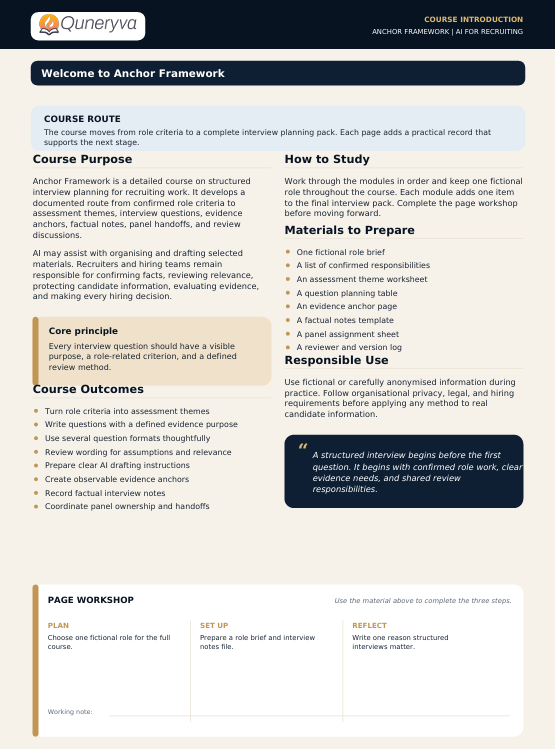 A printed or digital informational sheet for the Anchor Framework recruitment course, with the Qunarya brand at the top left. The page has a white background with blue and black text, section headings, and a structured layout covering course route, core principle, course outcomes, and a page workshop.