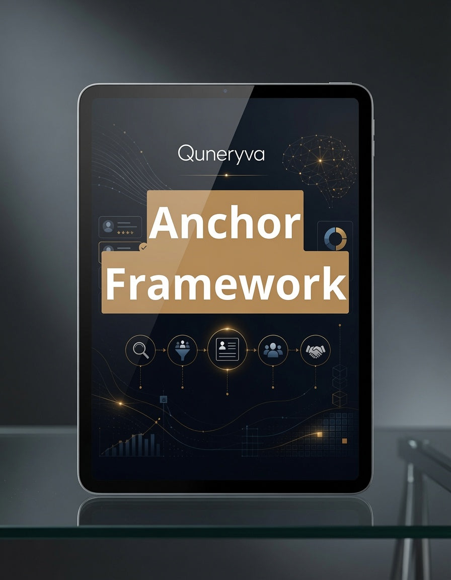 A tablet device on a glass surface displaying the 'Quneryva Anchor Framework' interface against a dark gray background.