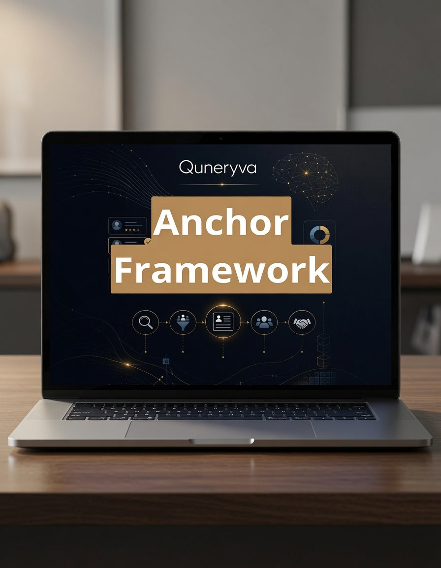 An open laptop on a wooden desk displaying a digital interface with the text 'Quneryva Anchor Framework' on a dark screen, with a softly blurred indoor background.