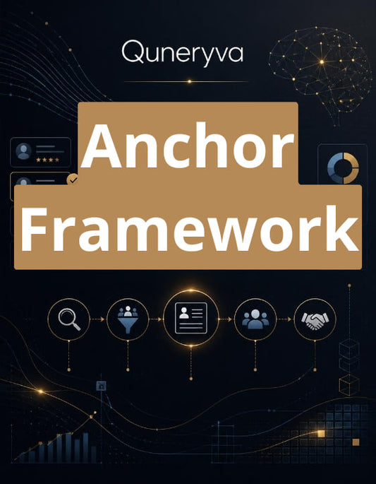 Digital cover graphic for 'Anchor Framework' by Quneryva, featuring a dark navy background with gold and white graphics, including network nodes, charts, and process icons.