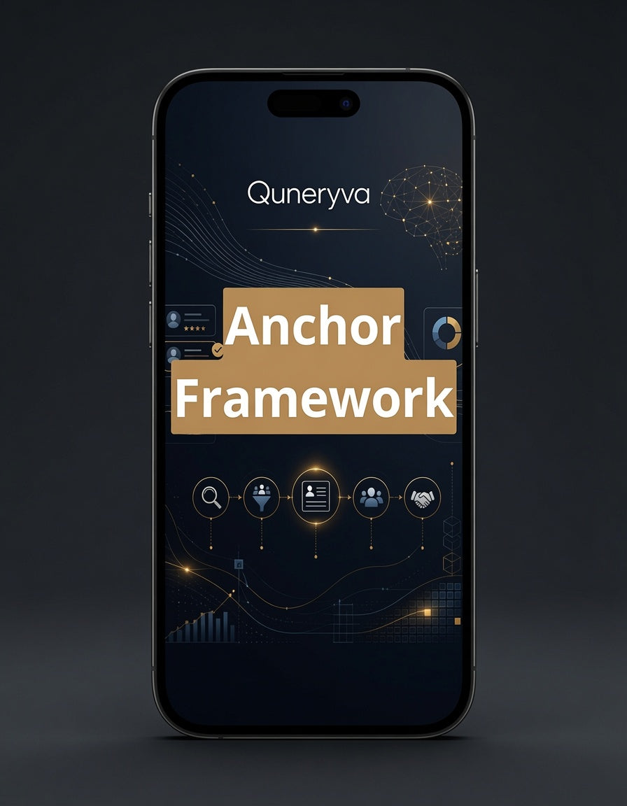 A smartphone centered on a dark studio background, displaying a dark-themed app or website interface with the visible brand name 'Quneryva' and large text reading 'Anchor Framework'.