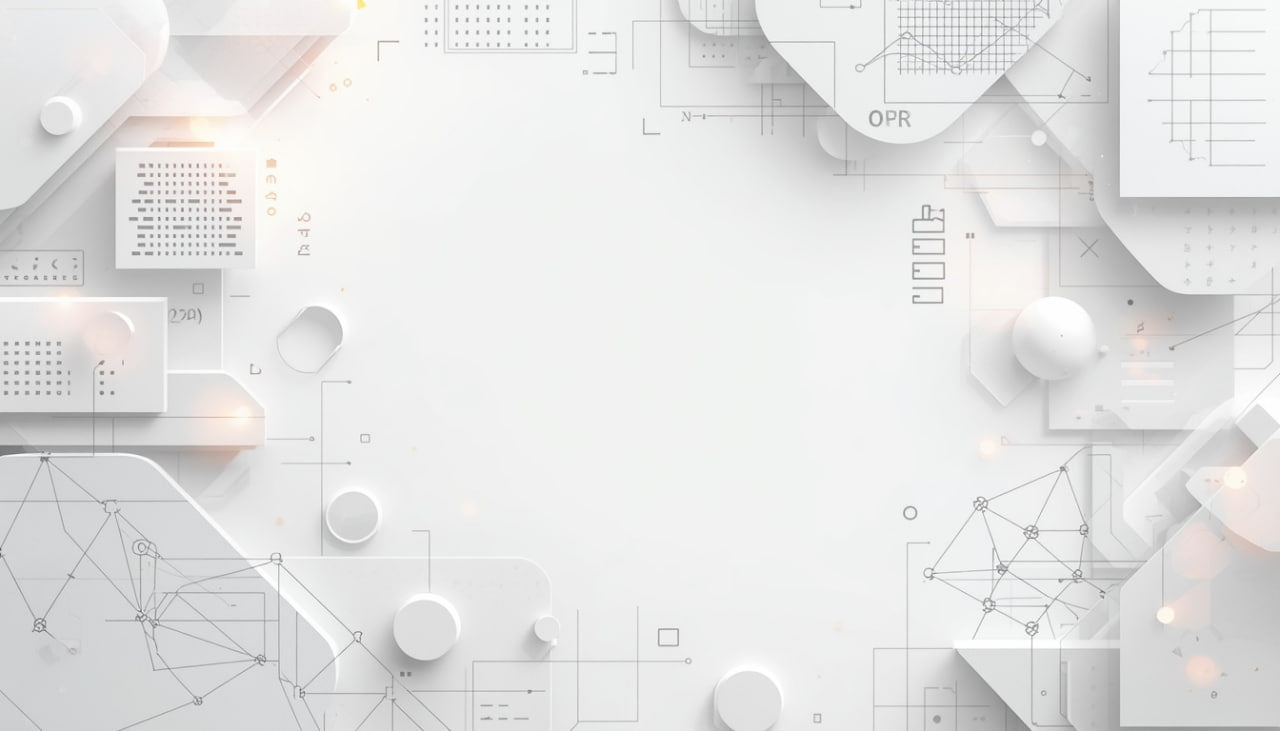 A minimalist white and light gray abstract background with geometric shapes, faint technical line drawings, and soft warm light leaks around the edges.