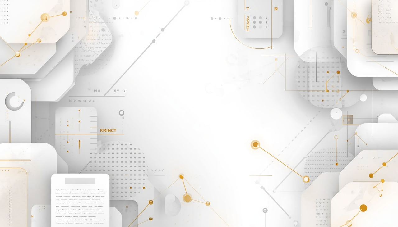A modern abstract digital background featuring layered white and light gray geometric panels with gold lines, dots, and technical-style graphic elements on a white field.