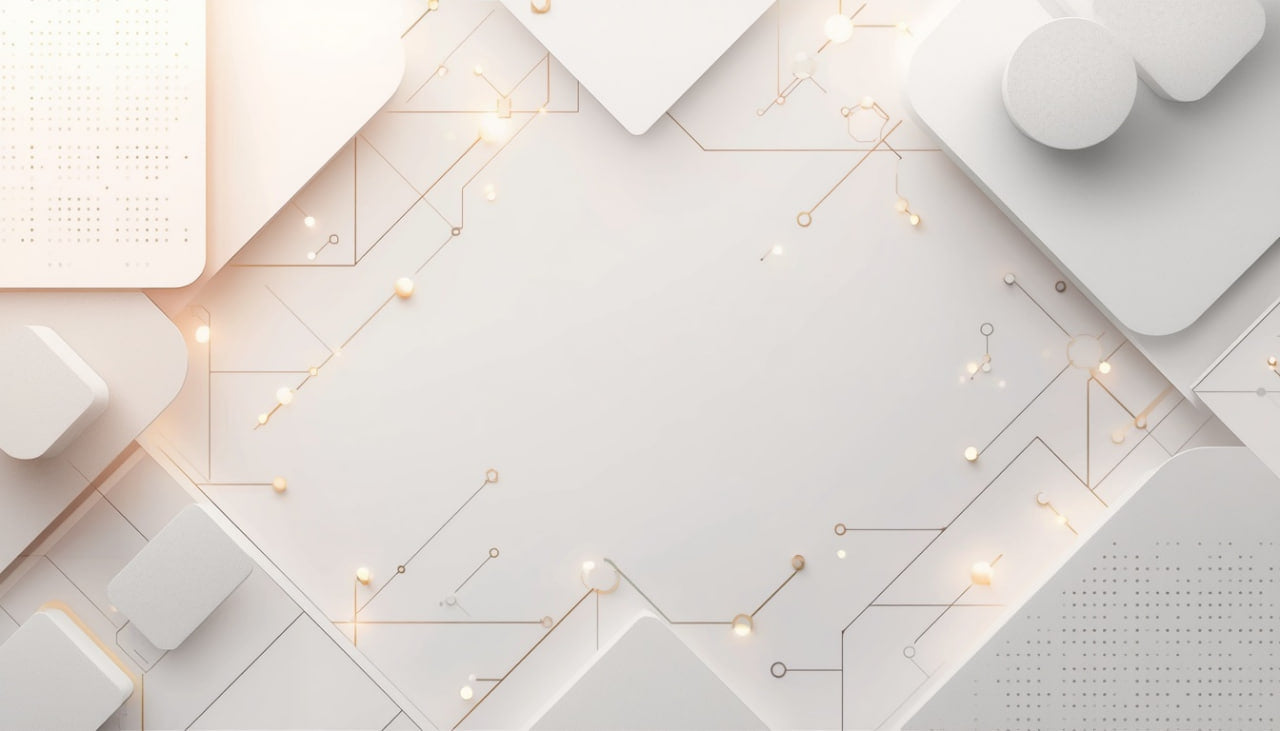 A minimalist abstract background with white geometric shapes, thin gold circuit-like lines, and small glowing light bulbs on a white surface.