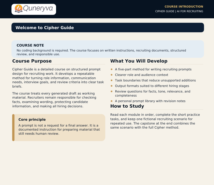 A digital document page titled 'Welcome to Cipher Guide' from Qunerya, outlining course information, purpose, core principles, learning outcomes, and study methods.