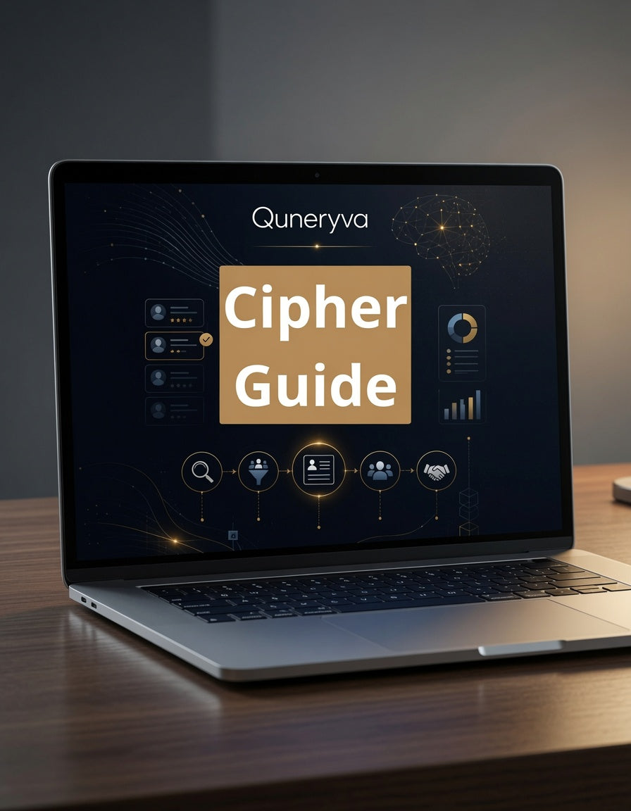 An open silver laptop on a wooden desk displaying a dark-themed digital guide titled 'Cipher Guide' with the brand name 'Quneryva' at the top.
