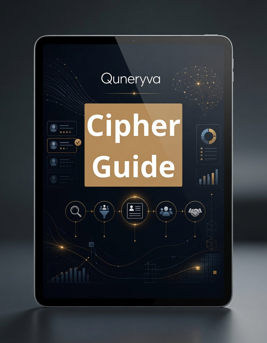 A tablet device displaying a digital guide titled 'Cipher Guide' with the brand name 'Quneryva' at the top. The screen shows a dark navy interface with gold and beige graphic elements and icons, set against a dark gray studio background.