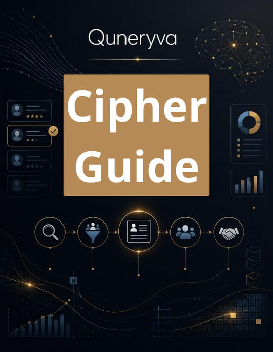 A digital cover for a guide titled 'Cipher Guide' by Quneryva, featuring a central tan square with white text on a dark navy background decorated with abstract digital network and data visualizations.