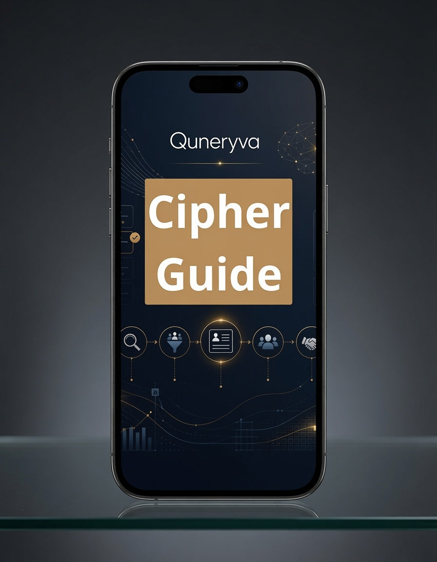 A smartphone centered on a dark reflective surface, displaying a digital guide titled 'Cipher Guide' with the brand name 'Quneryva' at the top of the screen.