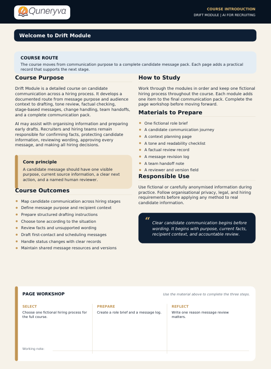 A digital document page from Qunivera titled 'Welcome to Drift Module' for a Drift Introduction course. The page features a structured layout with a dark teal header, white background, and black text outlining course routes, core principles, course outcomes, and a workshop page section.