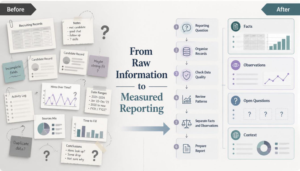 A digital infographic diagram illustrating the process of transforming raw information into measured reporting, labeled 'Before' on the left with various document icons and charts, and 'After' on the right with a step-by-step flowchart of reporting questions and data quality checks.