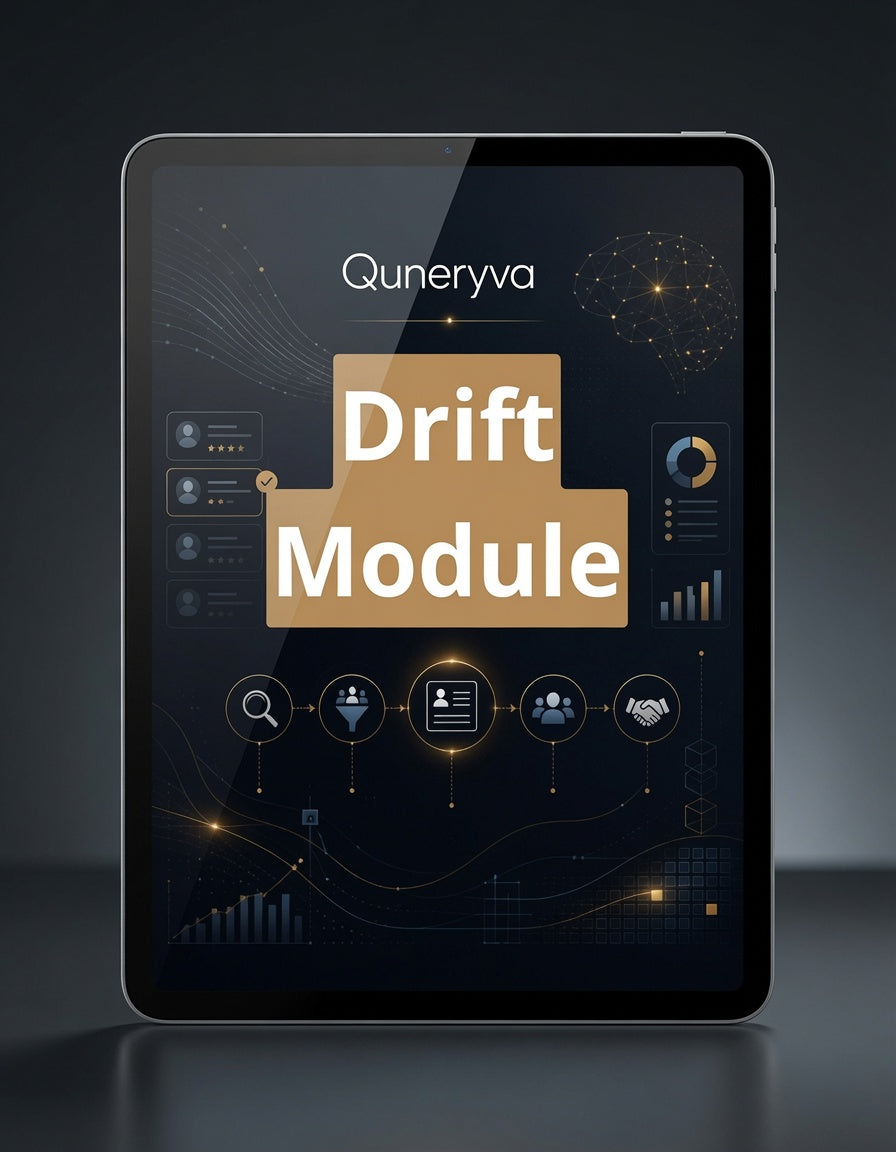 A tablet device displaying a software interface titled 'Quneryva Drift Module' on a dark gradient background.