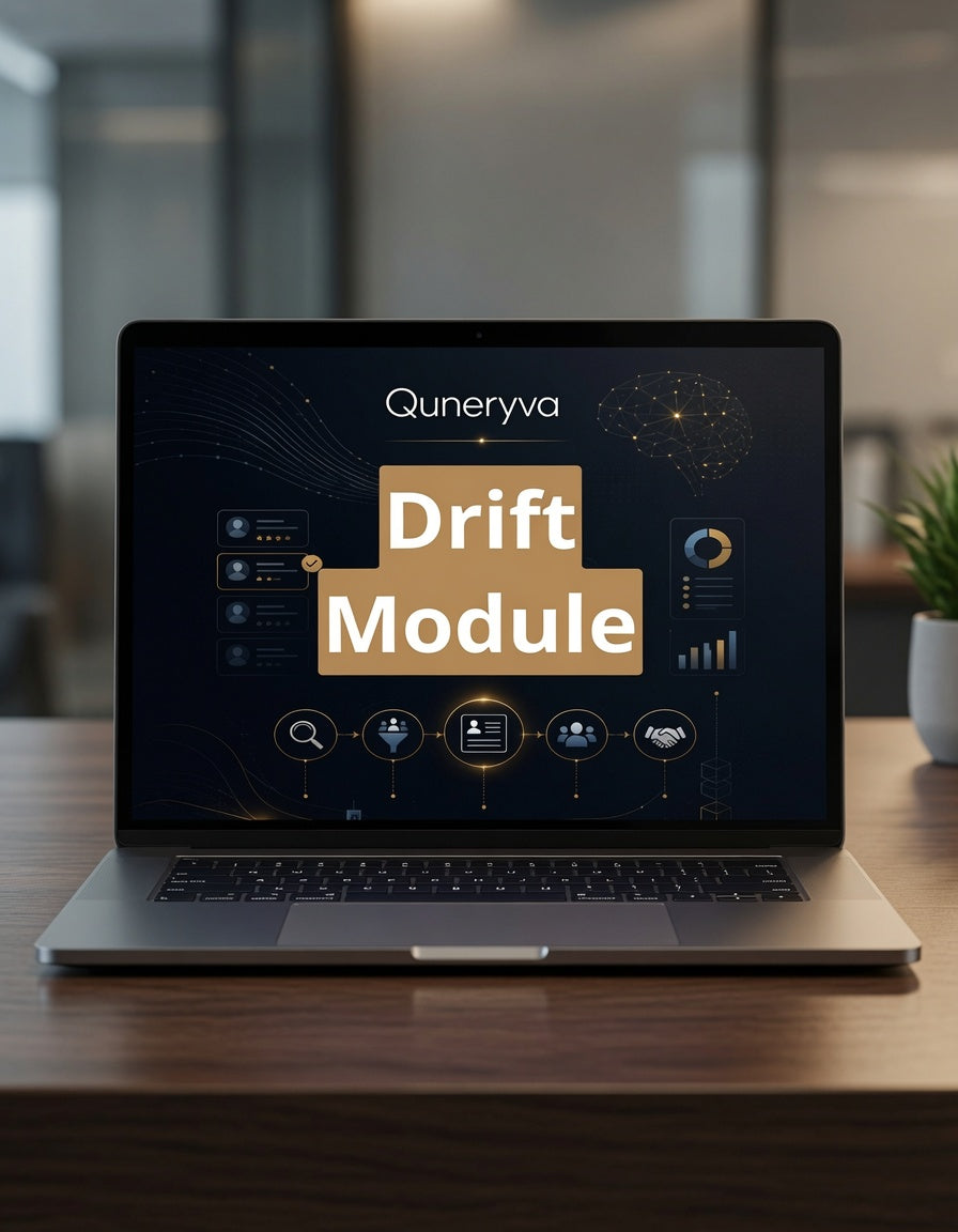 An open laptop on a wooden desk displaying a software interface titled 'Drift Module' with the brand name 'Quneryva' on the screen. The background is a softly blurred office environment with a small plant on the right.