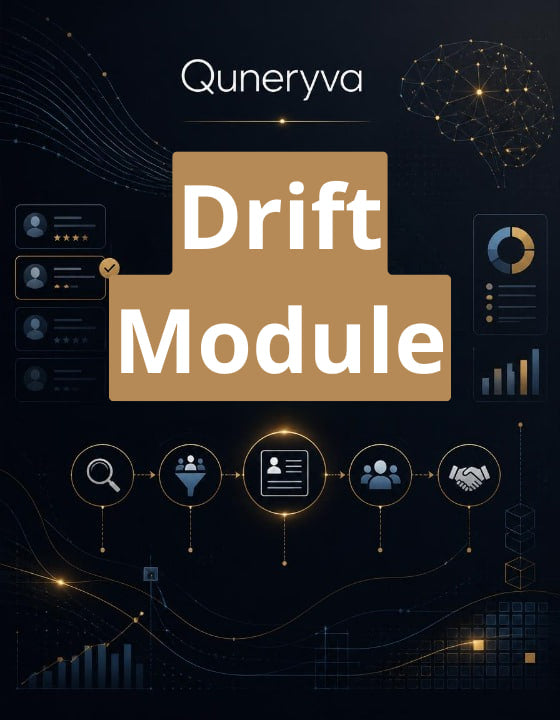 Digital cover graphic for 'Drift Module' by Quneryva, featuring a dark navy background with gold and white UI-style graphics, charts, and a central tan label containing the text 'Drift Module'.
