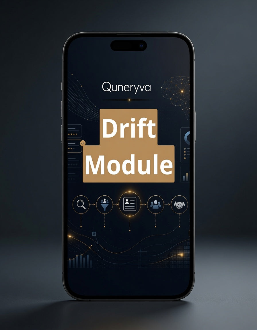 A smartphone centered on a dark studio background, displaying a software interface titled 'Quneryva Drift Module' with gold and white text over a dark navy app screen.