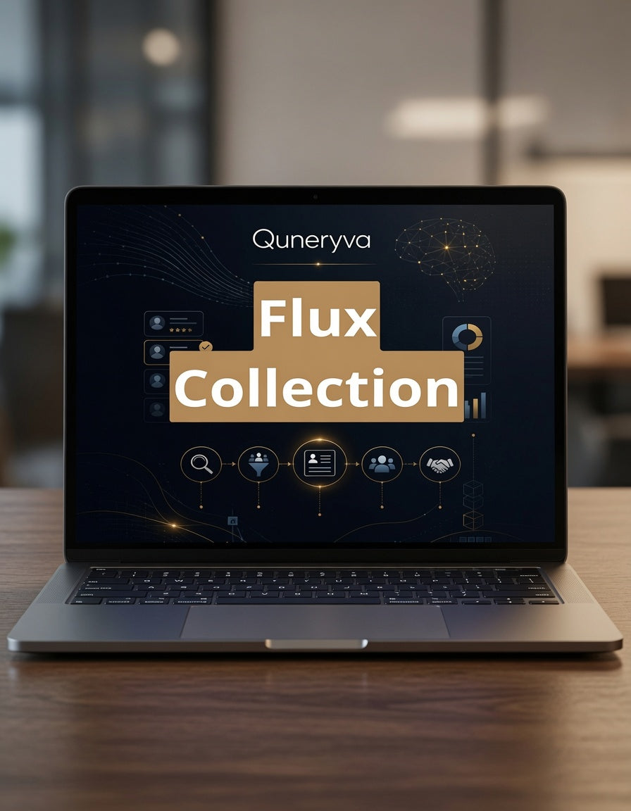 An open laptop sits on a wooden table, displaying a dark-themed digital interface with the text 'Quneryva Flux Collection' in gold and white. The background is a softly blurred indoor office or cafe environment.