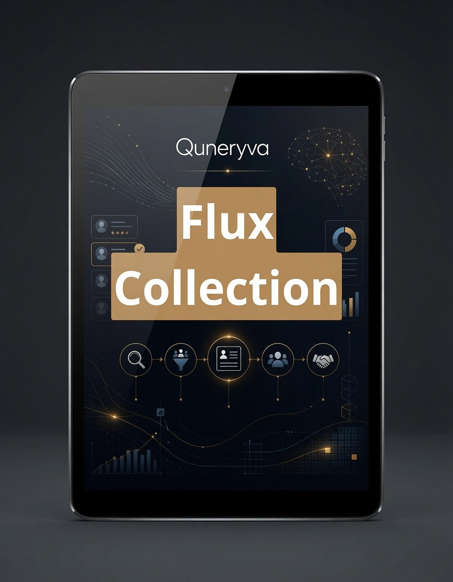 A tablet device shown upright against a dark gray background, displaying a digital interface with the text 'Quneryva Flux Collection' in gold and white on a dark navy graphic.