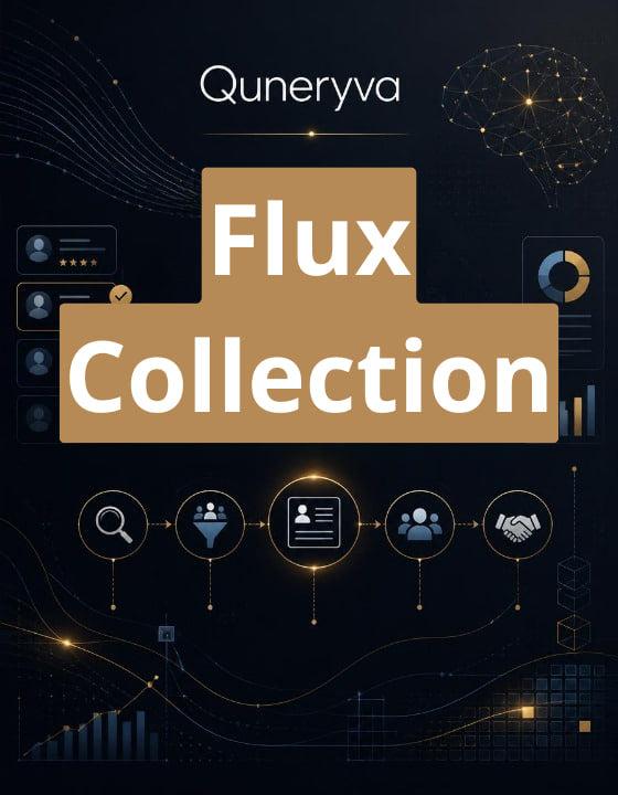 Digital cover graphic for 'Flux Collection' by Quneryva, featuring a dark navy background with gold and beige UI-style graphics, charts, and icons, and large central text reading 'Flux Collection'.
