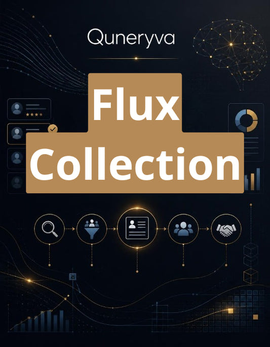 Digital cover graphic for 'Flux Collection' by Quneryva, featuring a dark navy background with gold and beige UI-style graphics, charts, and icons, and large central text reading 'Flux Collection'.