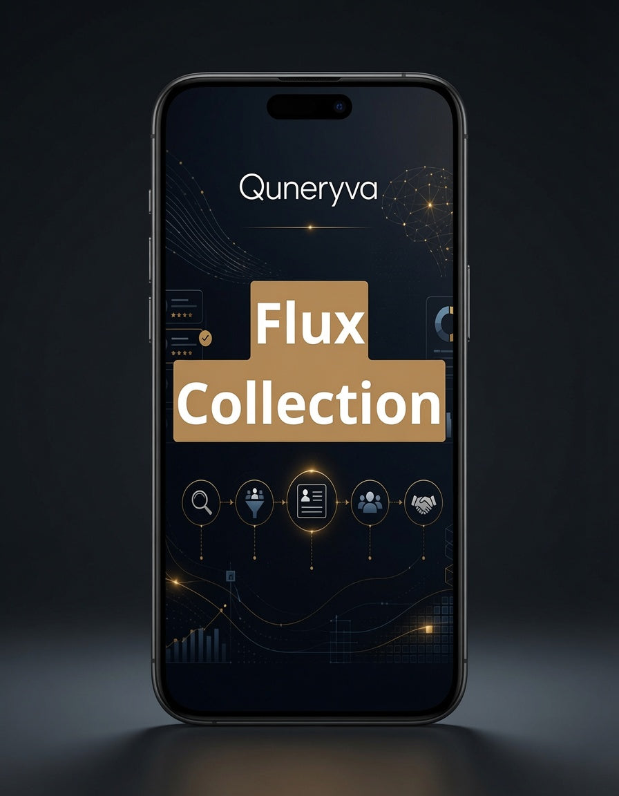 A smartphone centered on a dark studio background, displaying a dark app interface with the text 'Quneryva' and large 'Flux Collection' on the screen.