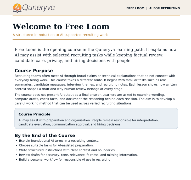 A screenshot of the Free Loom course welcome page from Quenyaq Learning, showing text about AI-supported recruiting work, course purpose, and course principle on a white background.