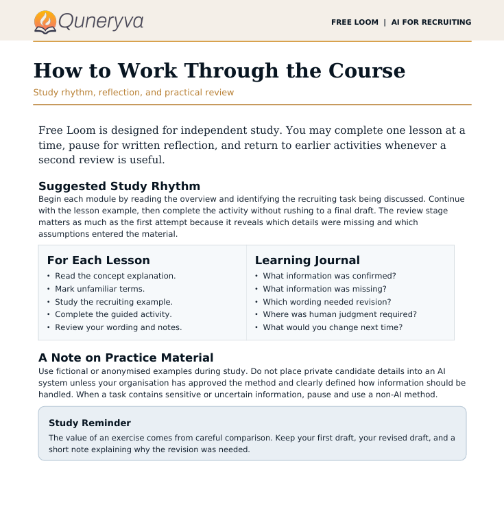 A document page titled 'How to Work Through the Course' from Quneryva, featuring study tips, a suggested study rhythm, a note on practice material, and a study reminder in a clean, structured layout.