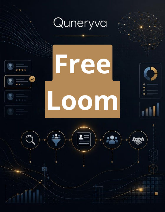 Promotional graphic for 'Free Loom' by Quneryva, featuring a large tan folder icon with white text on a dark navy background decorated with abstract digital network and analytics illustrations.