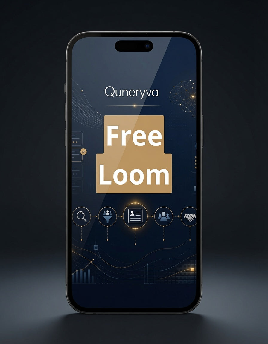 A smartphone centered on a dark studio background, displaying the Qunerya app screen with large text reading 'Free Loom' in white on a tan panel.