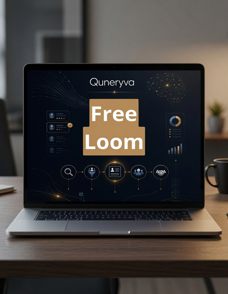 A laptop on a wooden desk displaying a digital interface with the text 'Free Loom' and the brand name 'Quneryva' on the screen, with a blurred office background.