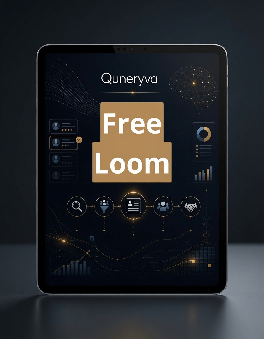 A tablet device shown from the front on a dark surface, displaying a dark dashboard interface with the text 'Quneryva' and a large central card reading 'Free Loom'.