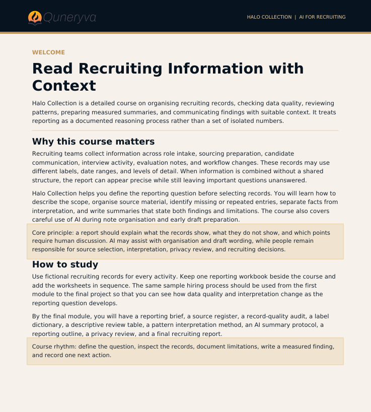 A digital document page titled 'Read Recruiting Information with Context' from Aqurya, featuring a light gray background with a beige header block and black text explaining how to use Halo Collection for recruiting records.