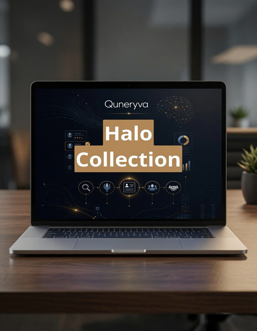 An open silver laptop sits on a wooden desk in a blurred indoor setting, displaying a digital interface with the text 'Quneryva Halo Collection' on the screen.