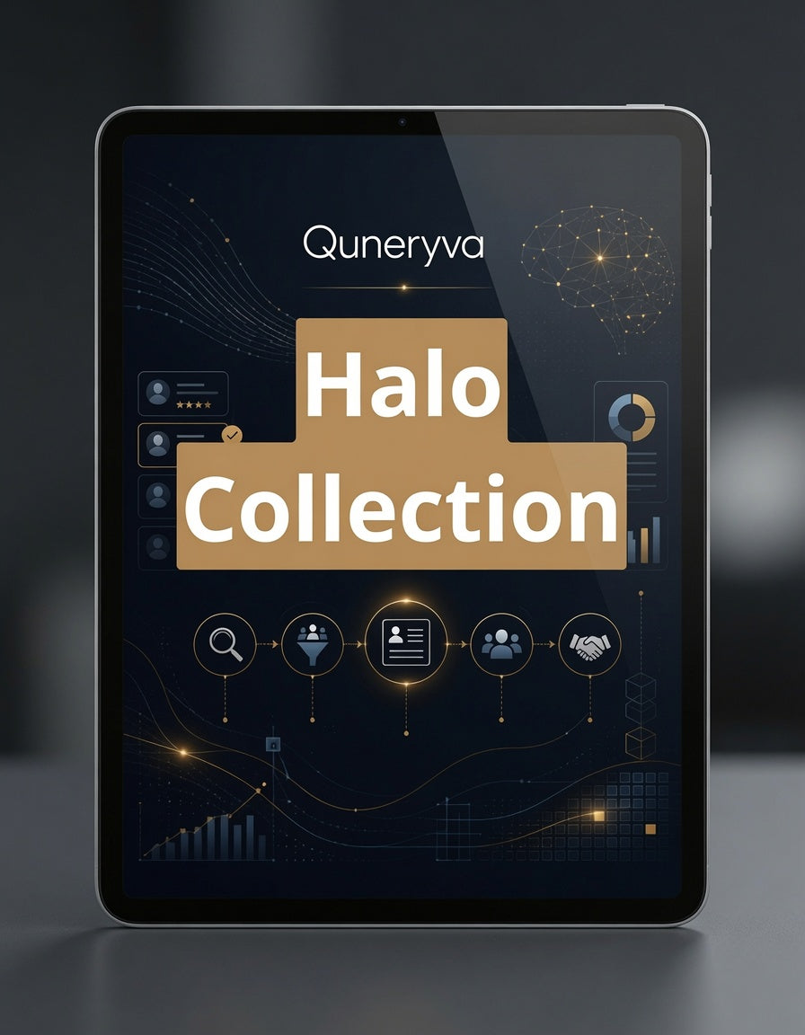 A tablet device displaying a digital interface titled 'Quneryva Halo Collection' on a dark background.