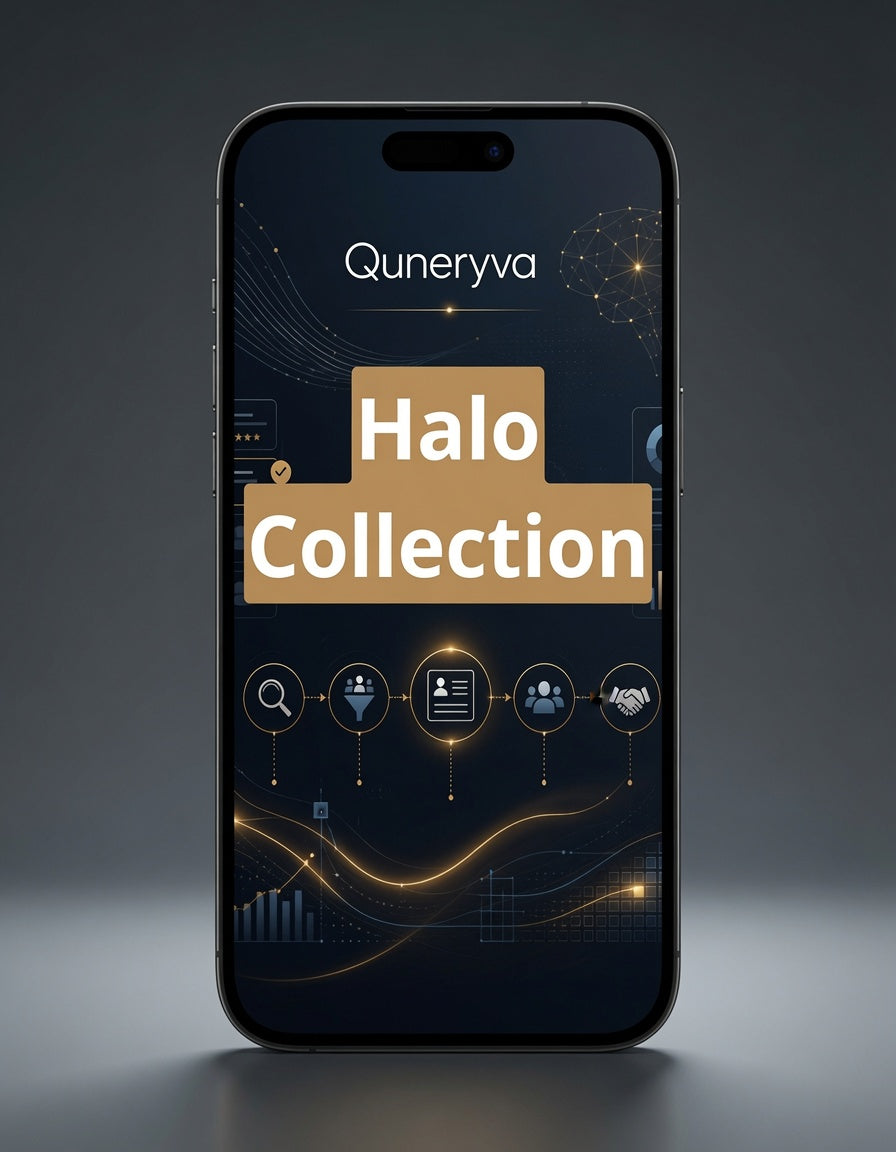 A smartphone centered on a dark gray gradient background, displaying a digital app or website interface with the text 'Quneryva' and a large 'Halo Collection' banner.