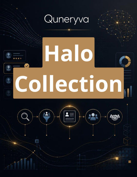 Digital cover graphic for 'Quneryva Halo Collection' featuring a dark navy background with glowing gold network nodes, charts, and icons, with the text 'Halo Collection' centered on a tan block.