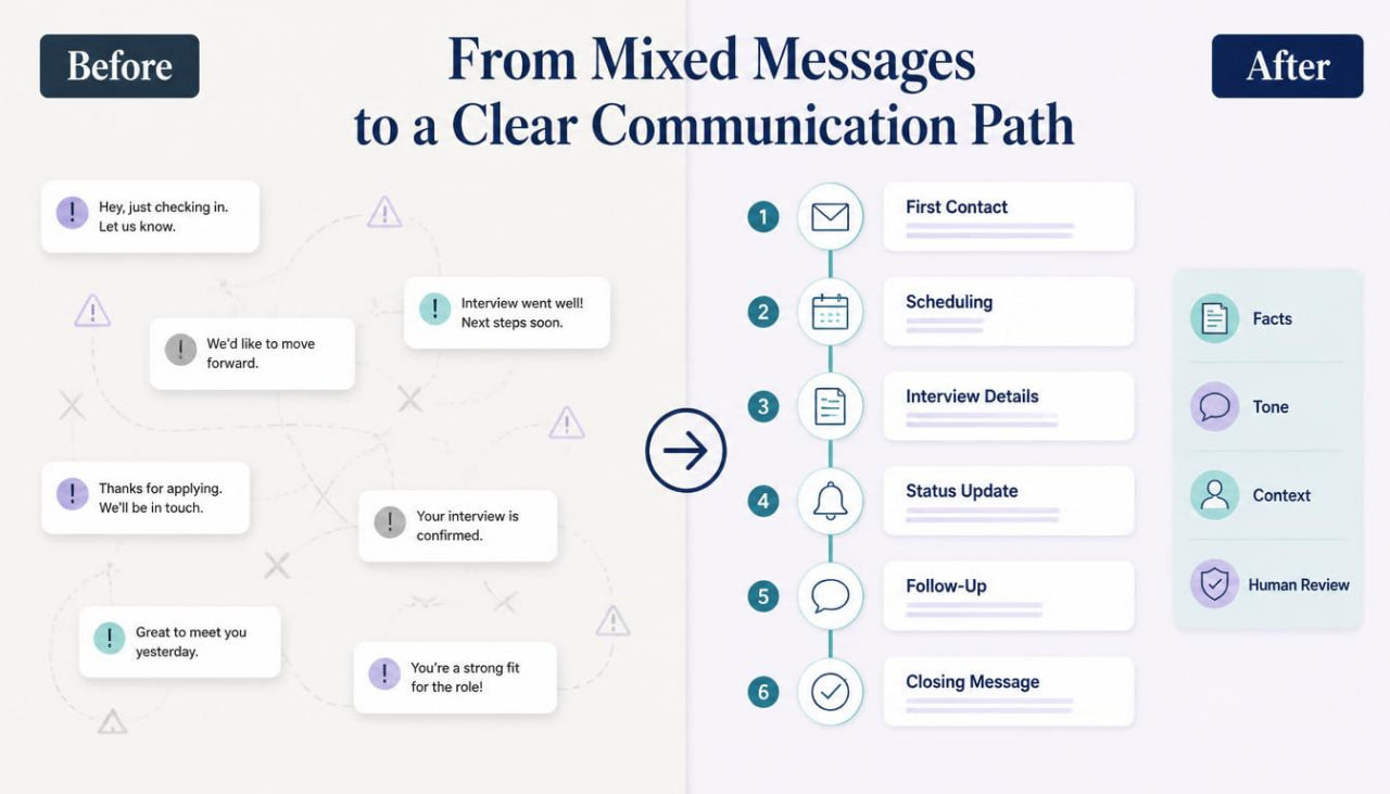 A digital infographic titled 'From Mixed Messages to a Clear Communication Path' with 'Before' and 'After' sections. The left side shows a list of vague, ambiguous messages under icons, while the right side lists clear communication steps and categories like facts, tone, context, and human review.