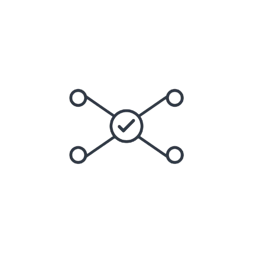 A minimalist dark gray icon featuring a central circle with a checkmark, connected to four circular nodes via lines, set against a solid white background.