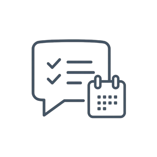 A minimalist dark gray line icon showing a speech bubble with check marks next to a small calendar, on a plain white background.