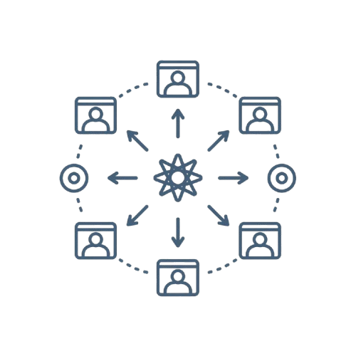 A minimalist blue line icon depicting a video conference setup, with multiple participant windows arranged in a circle around a central starburst, connected by dotted and solid arrows on a plain white background.