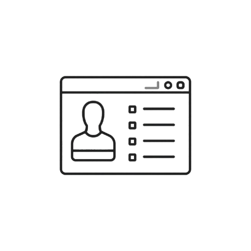 A minimalist black line icon depicting a user profile or ID card inside a browser window frame, centered on a solid white background.