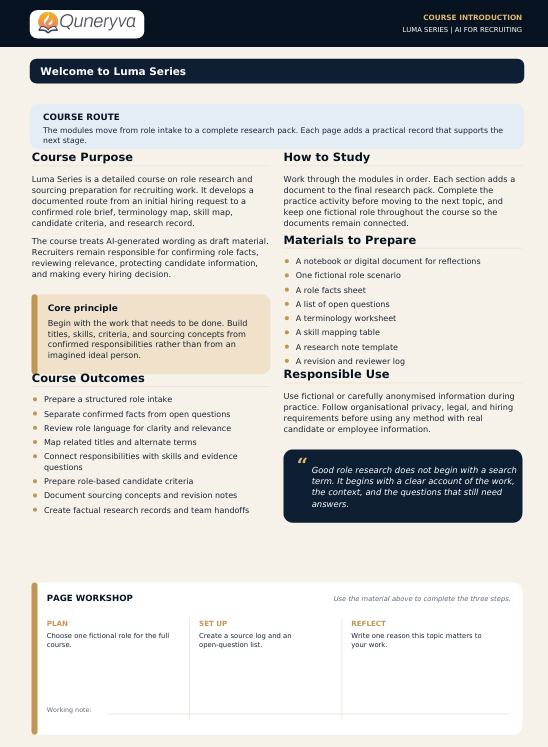 A document-style course overview page for the Quneiva Lumo Series role training module, with text sections including Welcome to Lumo Series, Course Route, Course Purpose, Core principle, Course Outcomes, Work how to Study, Materials to Prepare, and Page Workshop. The page has a white background with black and dark teal text and a small Quneiva logo at the top left.