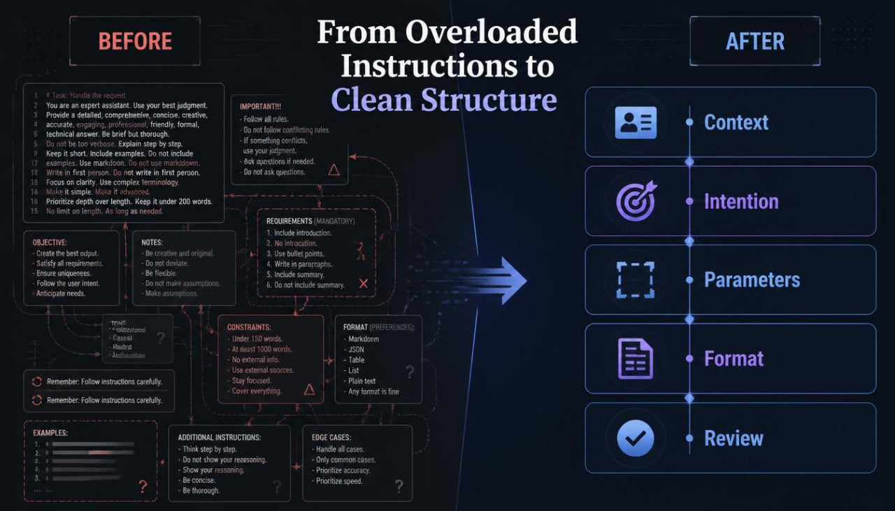 A dark-themed infographic titled 'From Overloaded Instructions to Clean Structure' with a 'BEFORE' section on the left containing dense text blocks and an 'AFTER' section on the right showing five clean categories: Context, Intention, Parameters, Format, and Review.