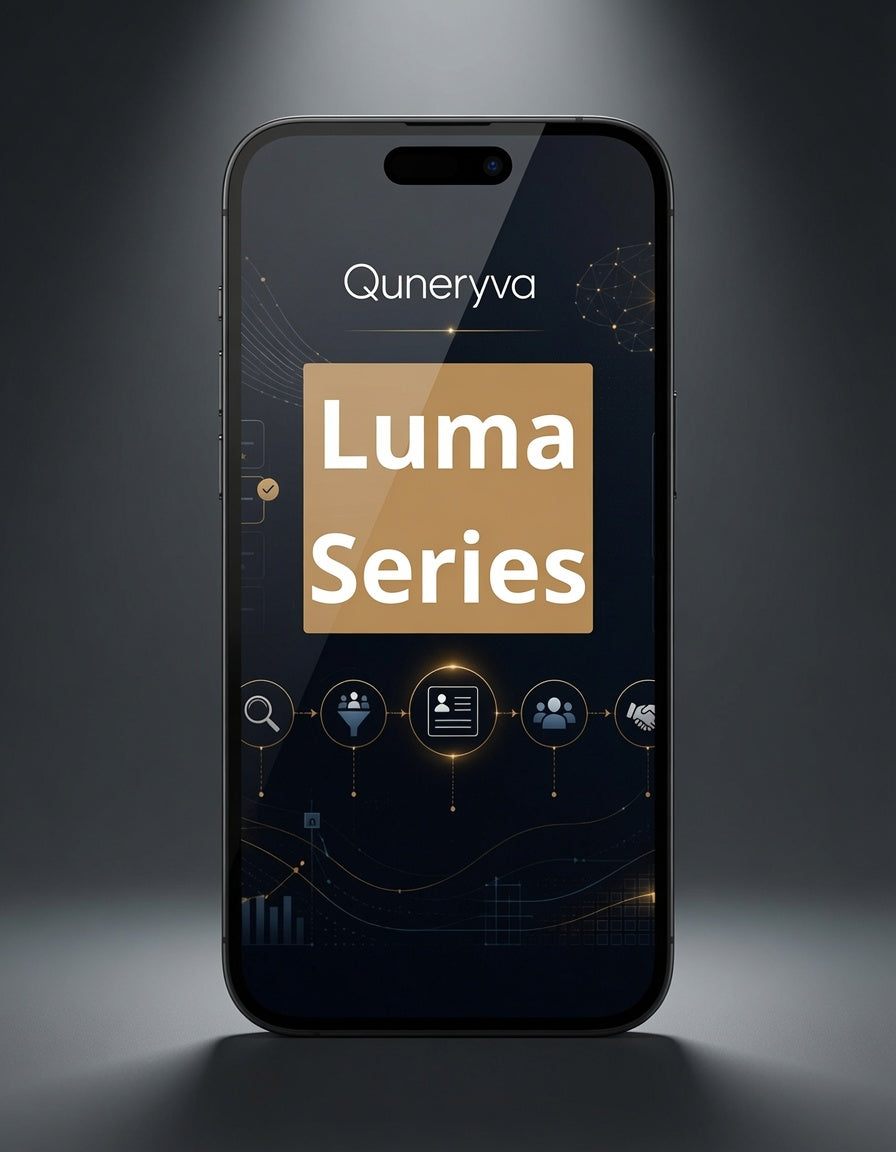 A smartphone centered on a dark gray gradient background, displaying a software interface with the text 'Quneryva' and a large 'Luma Series' card.