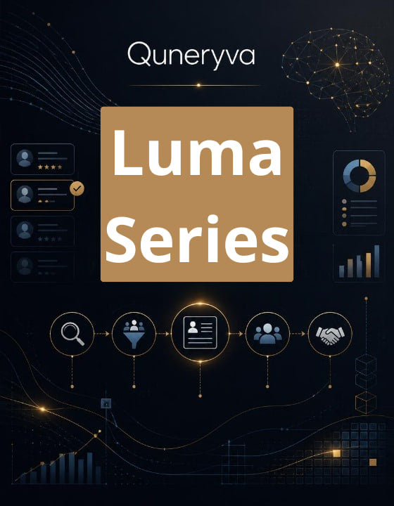 A digital cover graphic for 'Quneryva Luma Series' featuring a central tan square with white text, surrounded by dark navy abstract tech illustrations, charts, and icons.