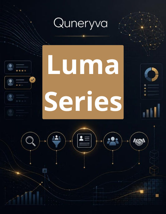 A digital cover graphic for 'Quneryva Luma Series' featuring a central tan square with white text, surrounded by dark navy abstract tech illustrations, charts, and icons.