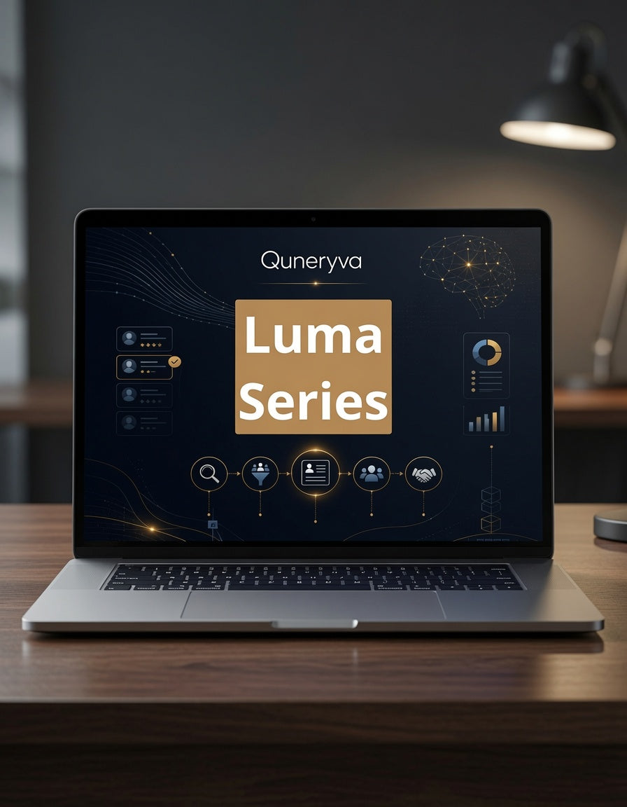 An open silver laptop sits on a wooden desk in a dimly lit office setting, displaying a dark dashboard interface with the text 'Quneryva' and 'Luma Series'.