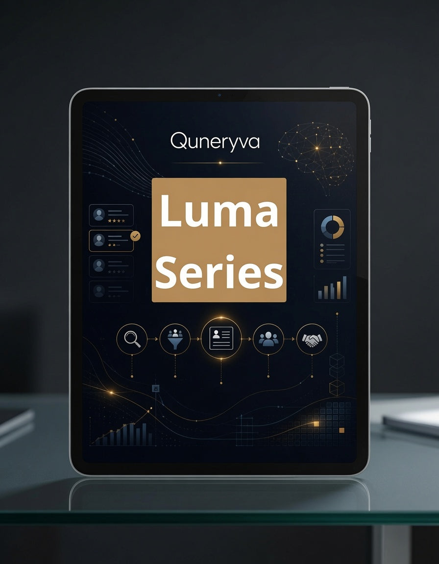 A tablet device standing on a glass surface against a dark background, displaying a digital interface with the text 'Quneryva Luma Series' and various dark-themed app icons.