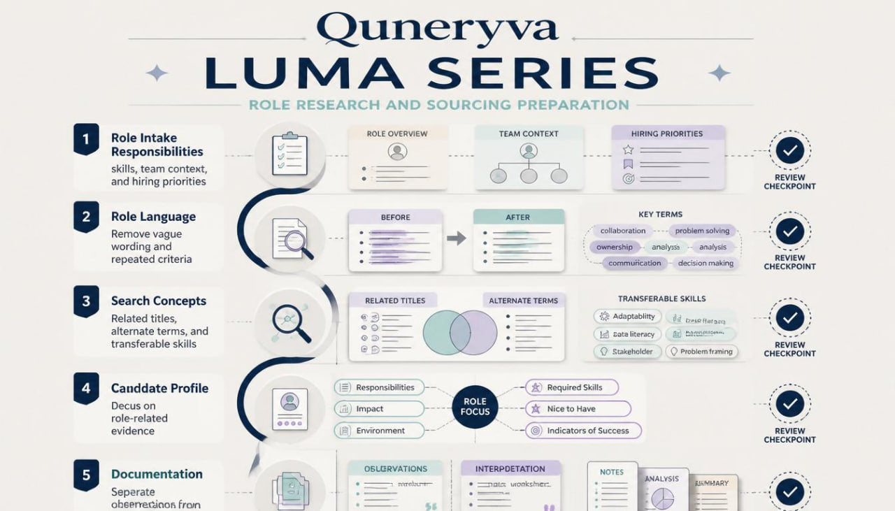 An infographic titled 'Quneryva LUMA SERIES ROLE RESEARCH AND SOURCING PREPARATION' with five numbered steps, icons, and small diagram elements on a light gray background.