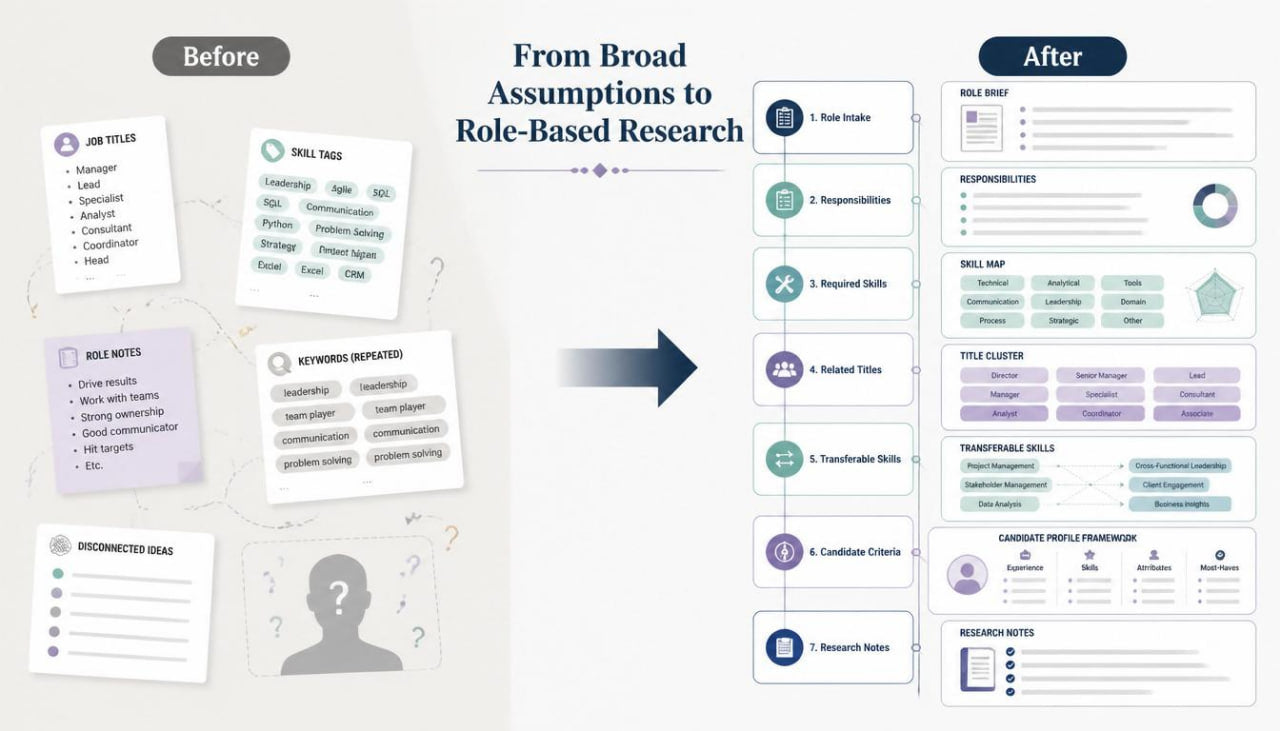 A digital infographic diagram illustrating a transition from 'Before' job search cards to 'After' role-based research documents, featuring a central arrow and various labeled cards on a light gray background.