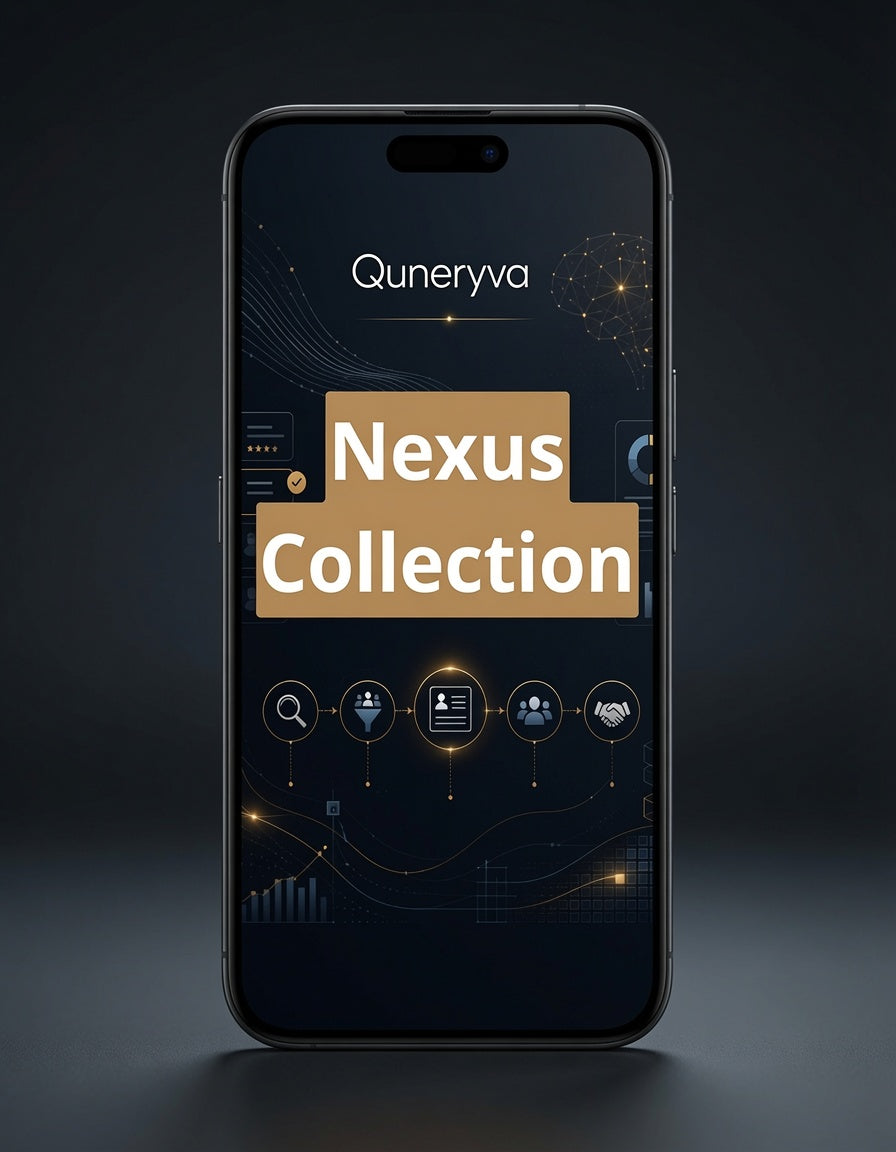 A smartphone centered on a dark studio background, displaying a digital interface with the text 'Quneryva' and a large 'Nexus Collection' banner. The phone itself appears black or very dark gray, and the screen content is treated as demo content rather than the product color identity.